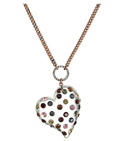 Betsey Johnson "Confetti Mixed Multi-Colored Stone Lucite Heart Long Pendant Necklace
