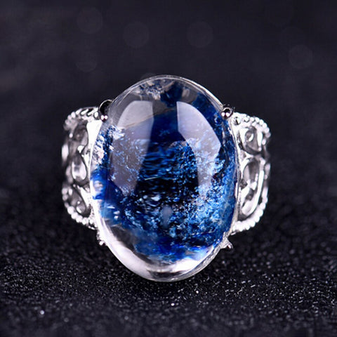 Natural Blue Ghost Crystal Phantom Ring Genuine S925 Silver Men or Women Ring Valentine's Day Gift Reiki Jewelry Dropship
